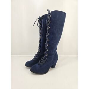 Womens navy blue suede lace up knee high boots block heel size 39 us 8.5
